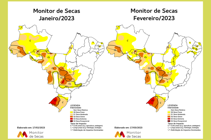 Monitor de Secas registra seca mais branda no Centro-Oeste e no Sudeste em fevereiro. Fenômeno se intensifica no Sul e fica estável no Nordeste