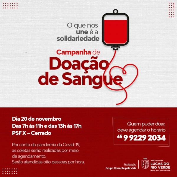 Lucas do Rio Verde terá nova campanha de doação de sangue neste sábado (20)