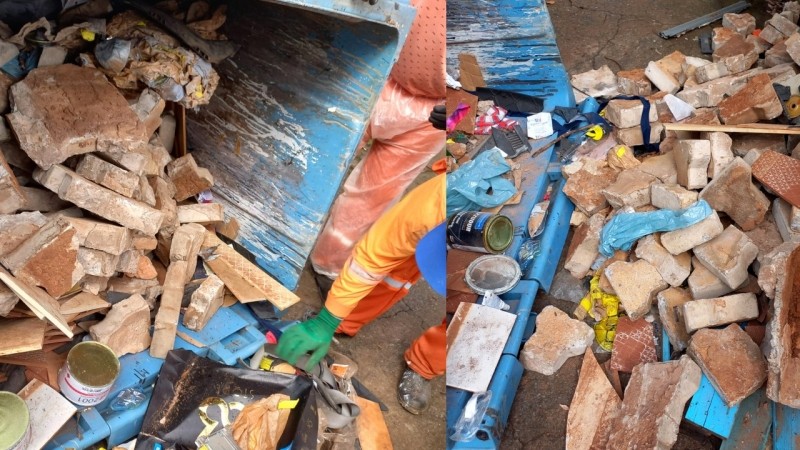 Descarte incorreto: entulhos de construção civil são encontrados em contentor de lixo